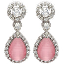Rhodium Plated with Pink & White American Diamond Circular & Teardrop Shaped Drop Earrings