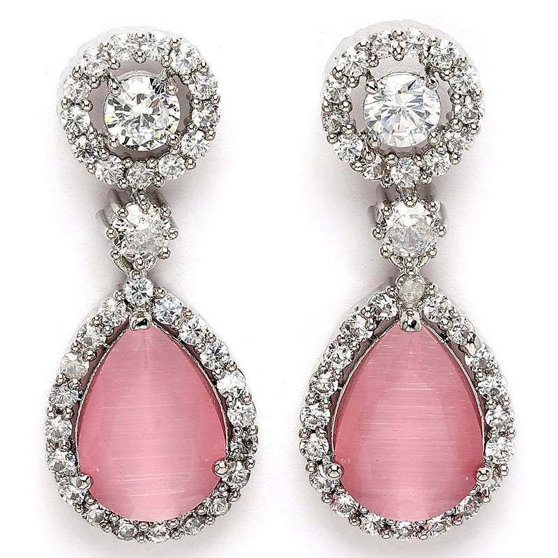 Rhodium Plated with Pink & White American Diamond Circular & Teardrop Shaped Drop Earrings