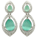 Rhodium Plated with Ocean Blue American Diamond Dual Teardrop Design Drop Earrings