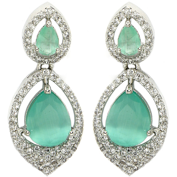 Rhodium Plated with Ocean Blue American Diamond Dual Teardrop Design Drop Earrings