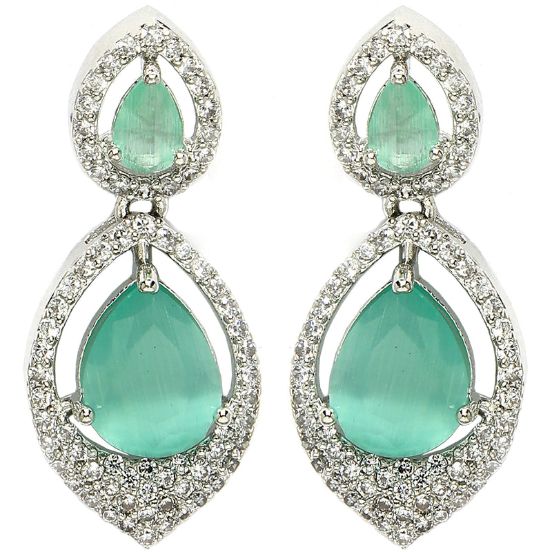 Rhodium Plated with Ocean Blue American Diamond Dual Teardrop Design Drop Earrings