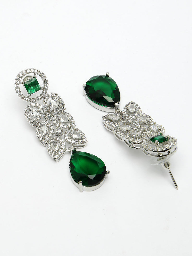 Rhodium Plated Silver Toned with Green American Diamond Small Drop Earrings
