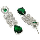 Rhodium Plated Sleek Oval Green American Diamond Contemporary Long Drop Earrings