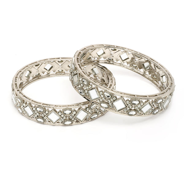 Rhodium Plated Square Shaped Mirror & Cubic Zirconia Studded Bangles Set Of 2