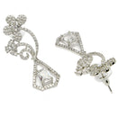 Rhodium Plated Geometric Floral White American Diamond Contemporary Long Drop Earrings