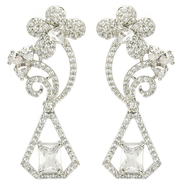Rhodium Plated with Stylish Flower Design White American Diamond Small Drop Earrings
