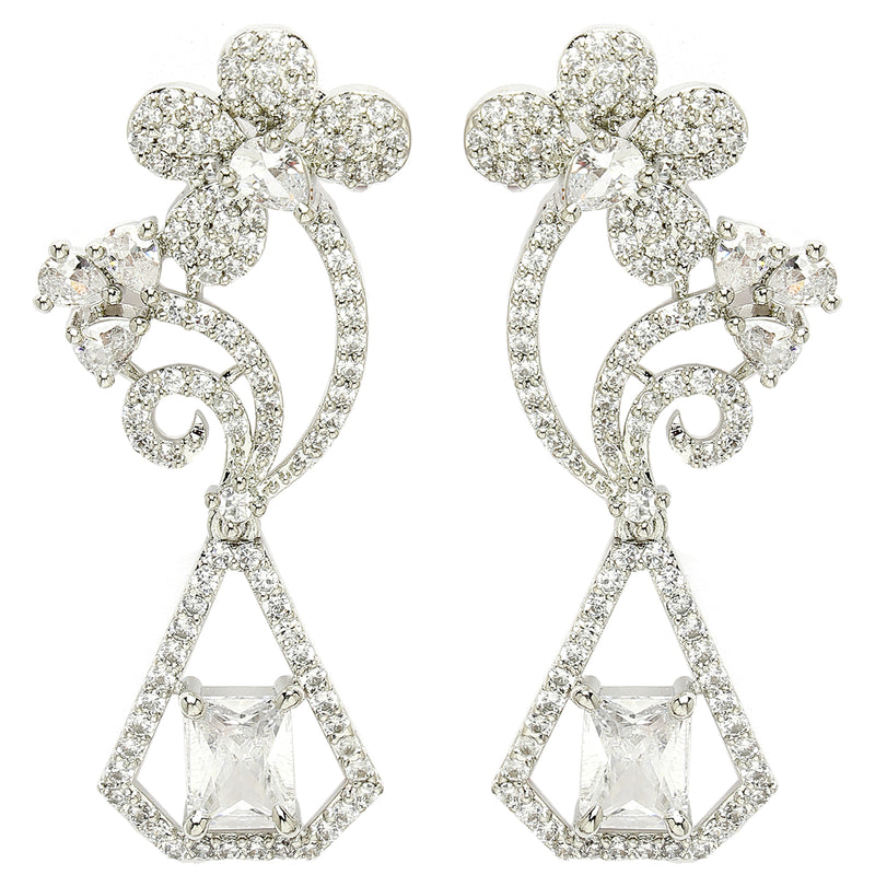 Rhodium Plated with Stylish Flower Design White American Diamond Small Drop Earrings