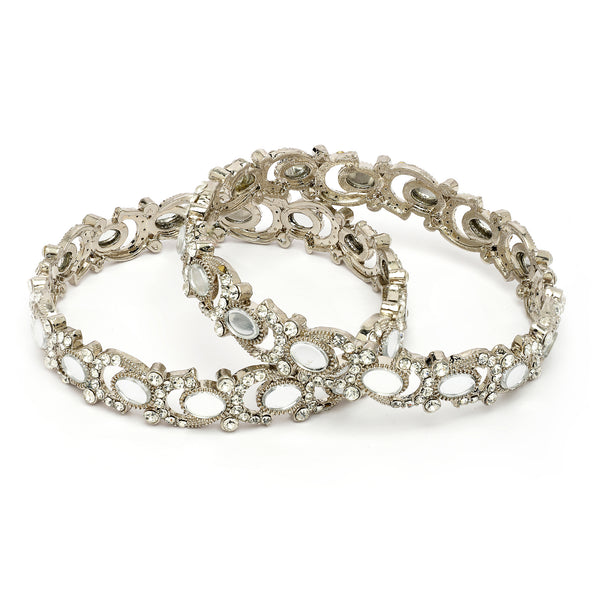 Rhodium Plated Silver Toned Mirror & Cubic Zirconia Studded Bangles Set Of 2