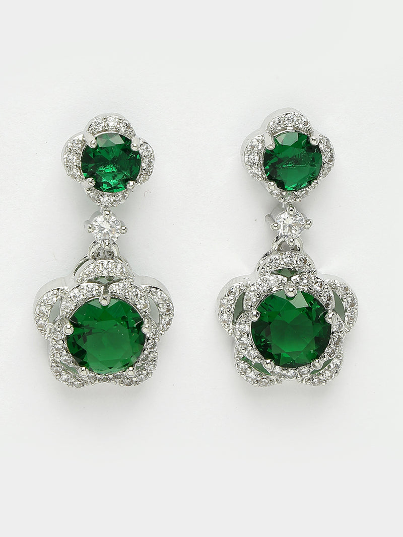 Rhodium Plated with Dual Green American Diamonds Drop Earrings