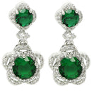 Rhodium Plated with Dual Green American Diamonds Drop Earrings