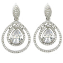 Rhodium Plated Silver Toned with Teardrop Shaped White American Diamond Drop Earrings