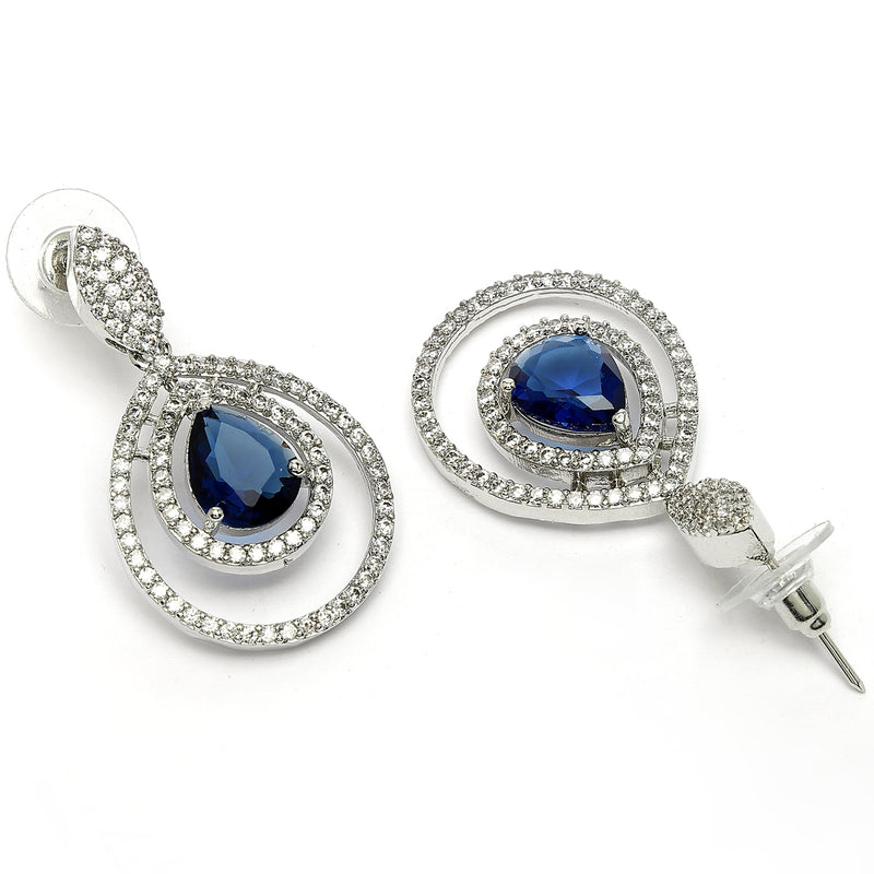 Blue Fancy Dangle Earrings – American Diamond Studded Rhodium Plate