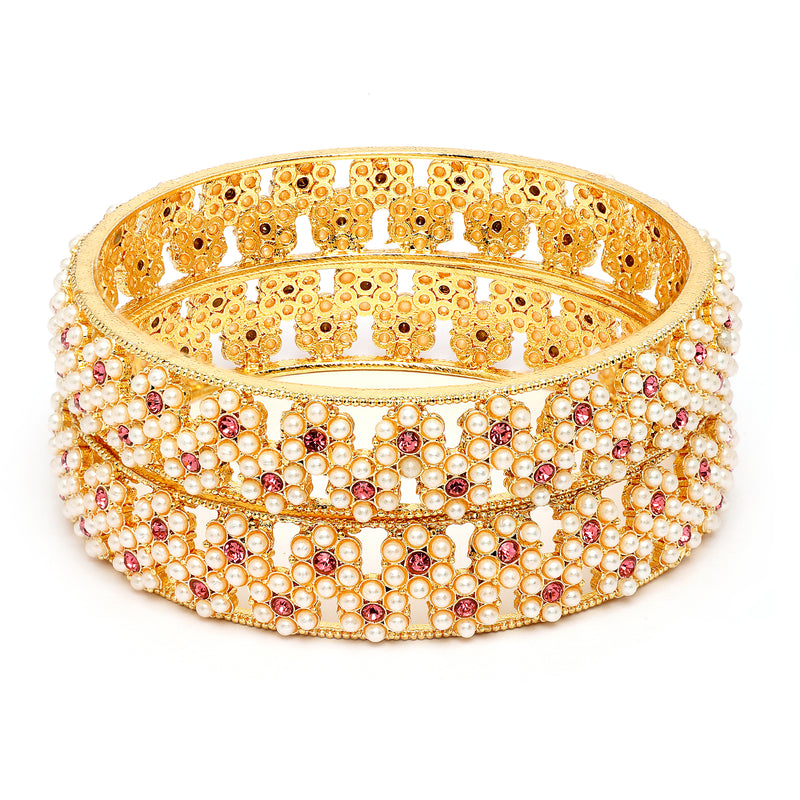 Gold Plated Floral Shaped White Pearl Studded Bangles Set Of 2