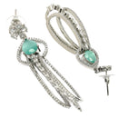 Rhodium Plated Fringed Tassel Sea Green American Diamond Contemporary Long Drop Earrings