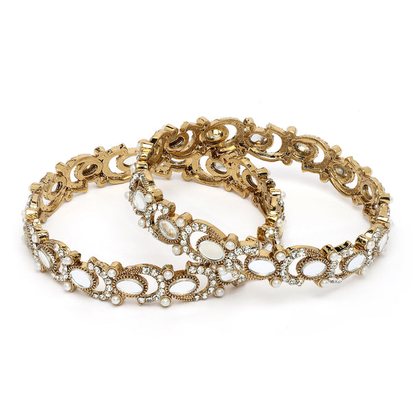 Gold Plated Gold Toned Mirror & Cubic Zirconia Studded Bangles Set Of 2