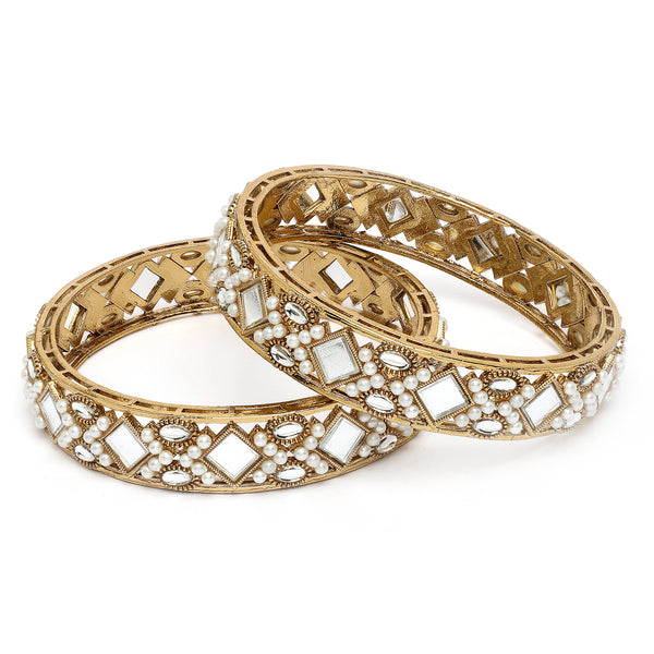 Gold Plated Square Shaped Mirror & Pearl Studded Bangles Set Of 2