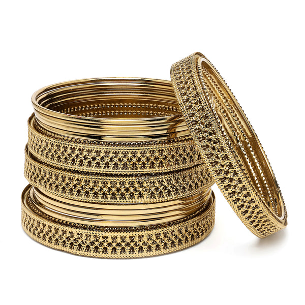 Gold-Plated Mehendi Toned Textured Bangles Set Of 12