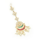 ZENEME Gold Plated Multicolor Kundan Layered Chandbali Pearl Drop Maang Tikka for Women & Girls