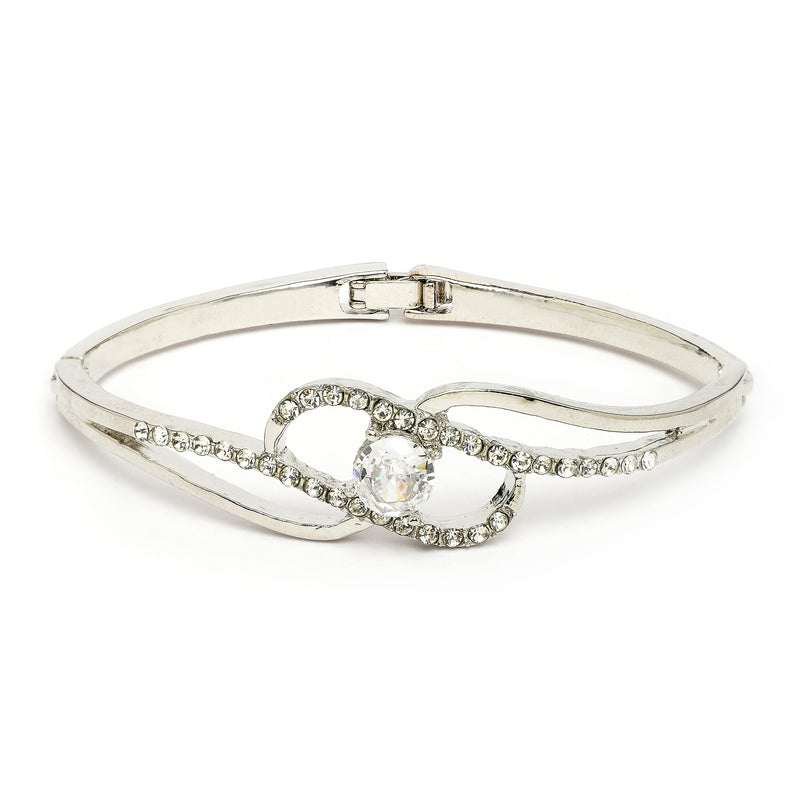 Rhodium Plated Silver Toned White Classic Cubic Zirconia Studded Cuff Bracelet