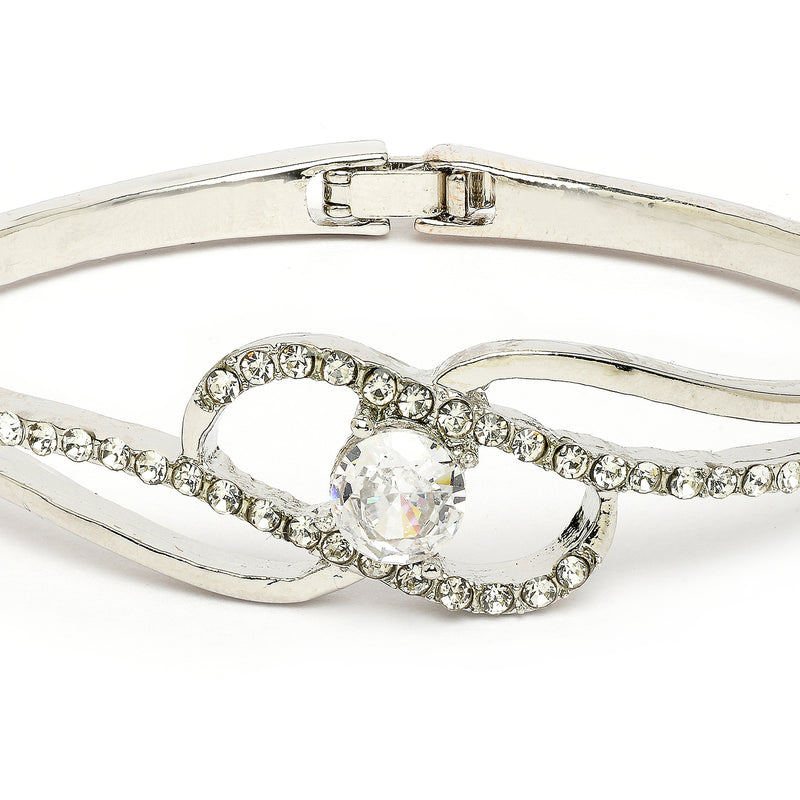 Rhodium Plated Silver Toned White Classic Cubic Zirconia Studded Cuff Bracelet
