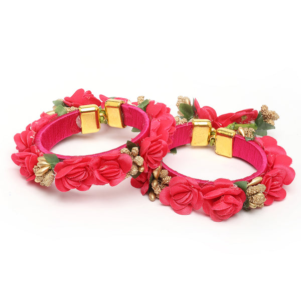 Pink Floral Handmade Beaded Haldi & Mehendi Cuff Bracelet Set Of 2