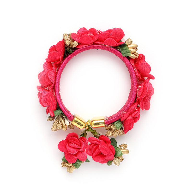 Pink Floral Handmade Beaded Haldi & Mehendi Cuff Bracelet Set Of 2