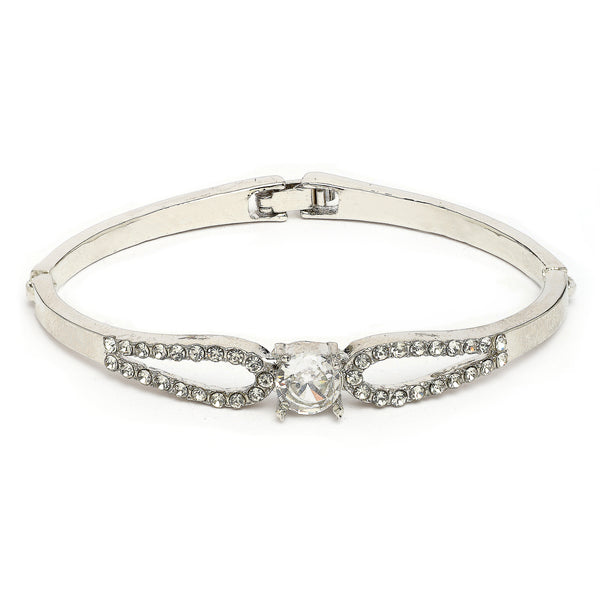 Rhodium Plated Silver Toned Classic Cubic Zirconia Studded Cuff Bracelet
