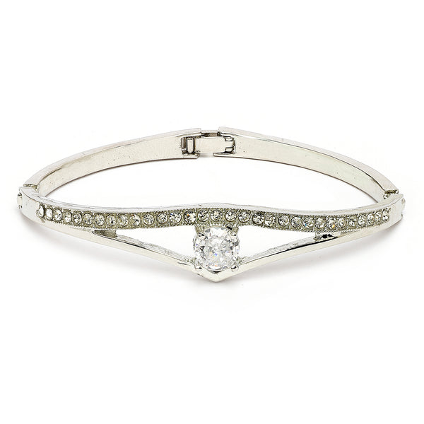 Rhodium Plated Silver Toned Classic White American Diamond Studded Cuff Bracelet