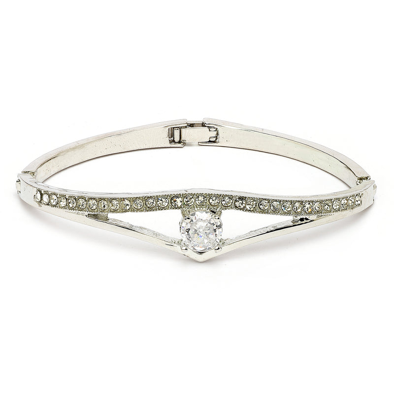 Rhodium Plated Silver Toned Classic White American Diamond Studded Cuff Bracelet