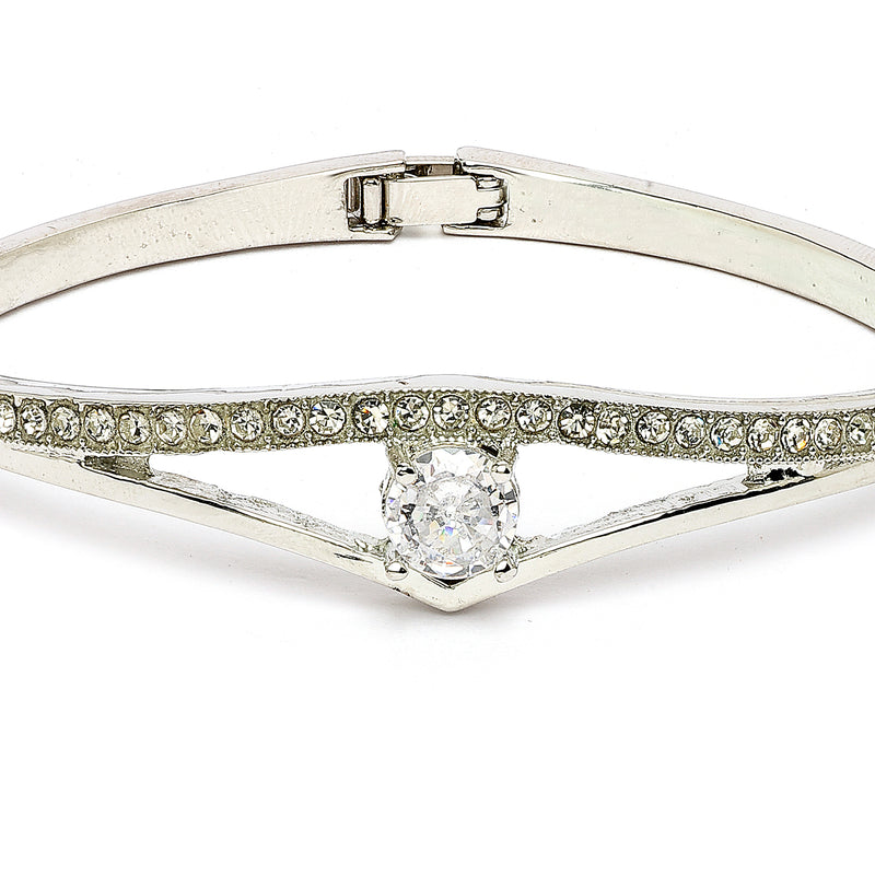 Rhodium Plated Silver Toned Classic White American Diamond Studded Cuff Bracelet