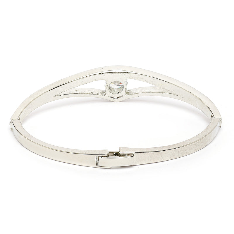 Rhodium Plated Silver Toned Classic White American Diamond Studded Cuff Bracelet