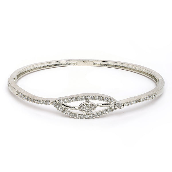 Rhodium Plated Silver Toned White Cubic Zirconia Studded Cuff Bracelet