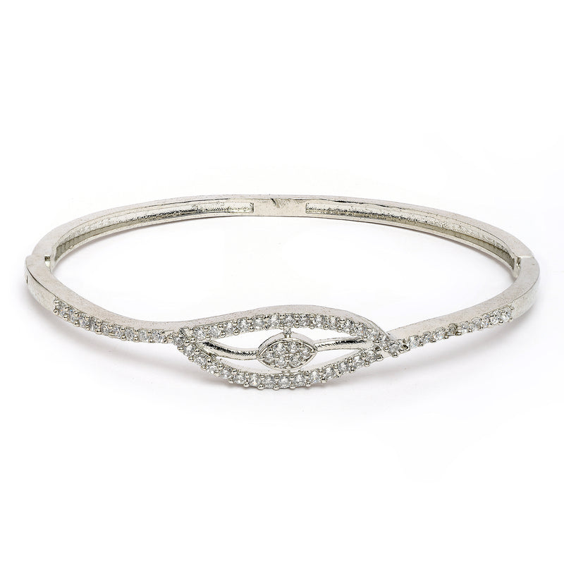 Rhodium Plated Silver Toned White Cubic Zirconia Studded Cuff Bracelet