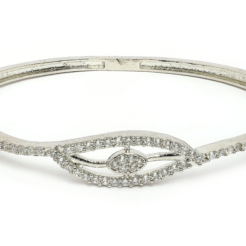 Rhodium Plated Silver Toned White Cubic Zirconia Studded Cuff Bracelet