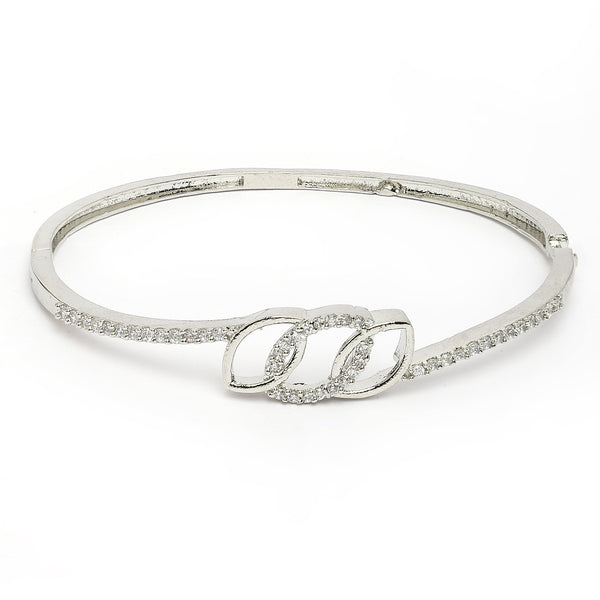 Rhodium Plated Silver Toned White Cubic Zirconia Studded Cuff Bracelet
