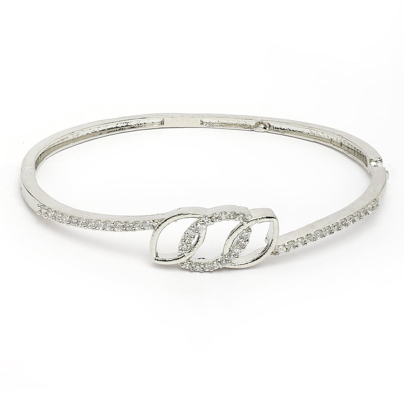 Rhodium Plated Silver Toned White Cubic Zirconia Studded Cuff Bracelet