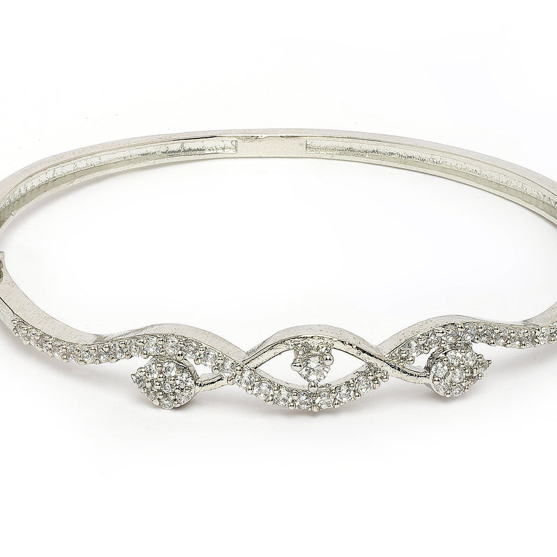 Rhodium Plated Silver Toned White Cubic Zirconia Studded Cuff Bracelet