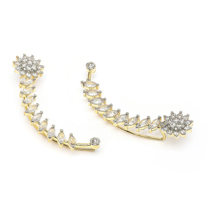 Gold Plated Floral Shaped American Diamond Studded Ear Climber Earrings