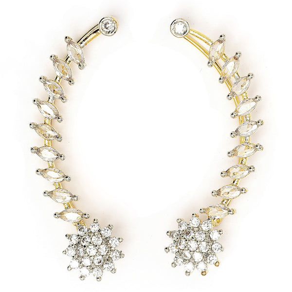 Gold Plated Floral Shaped American Diamond Studded Ear Climber Earrings