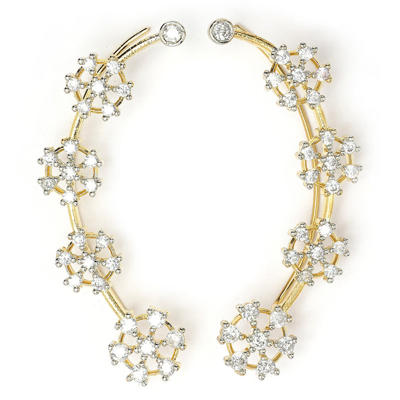 Gold Plated Floral Shaped American Diamond Studded Ear Climber Earrings