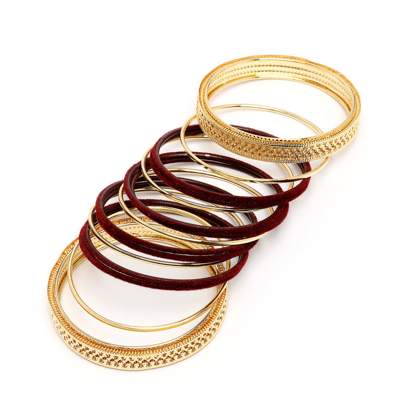 Gold-Plated Matte Finish Maroon Velvet Textured Bangles Set Of 30