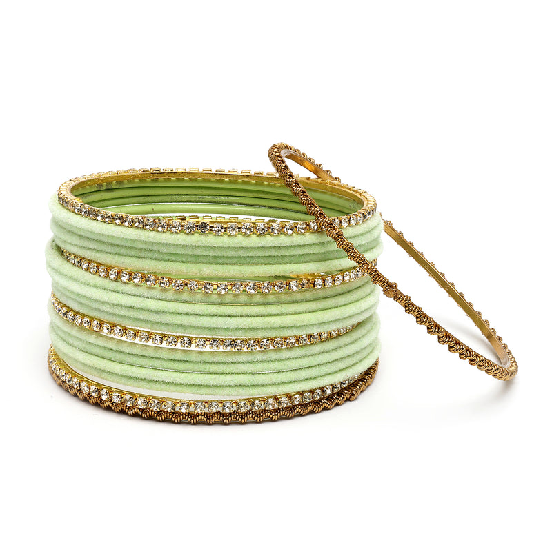 Gold-Plated Pastel Green Matte Finish Velvet Cz Studded Bangles Set Of 36
