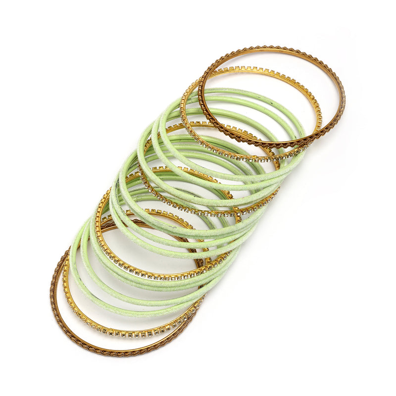 Gold-Plated Pastel Green Matte Finish Velvet Cz Studded Bangles Set Of 36