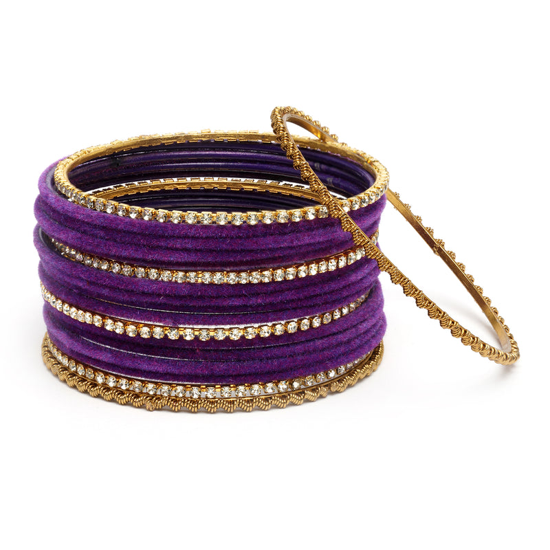 Gold-Plated Matte Finish Purple Velvet Cz Studded Bangles Set Of 36