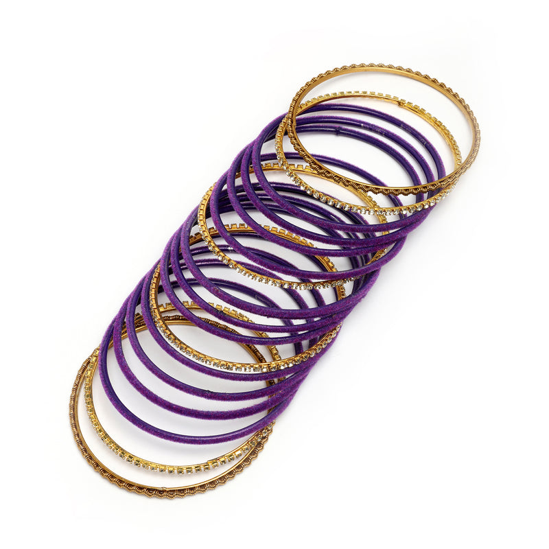 Gold-Plated Matte Finish Purple Velvet Cz Studded Bangles Set Of 36