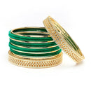 Gold-Plated Matte Finish Green Velvet Textured Bangles Set Of 30