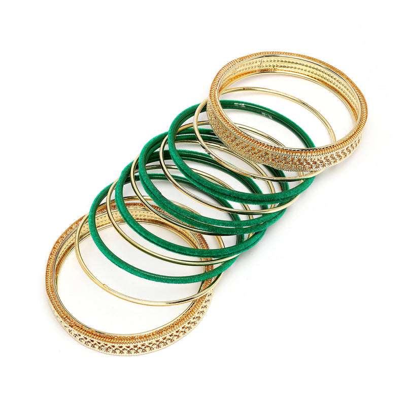 Gold-Plated Matte Finish Green Velvet Textured Bangles Set Of 30