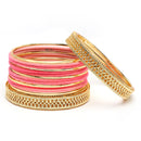 Gold-Plated Matte Finish Pink Velvet Textured Bangles Set Of 30