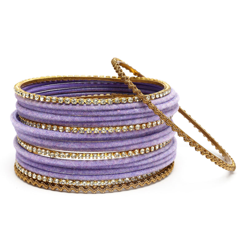 Zeneme Gold-Plated Matte Finish Violet Velvet Cz Studded Bangles Set Of 36