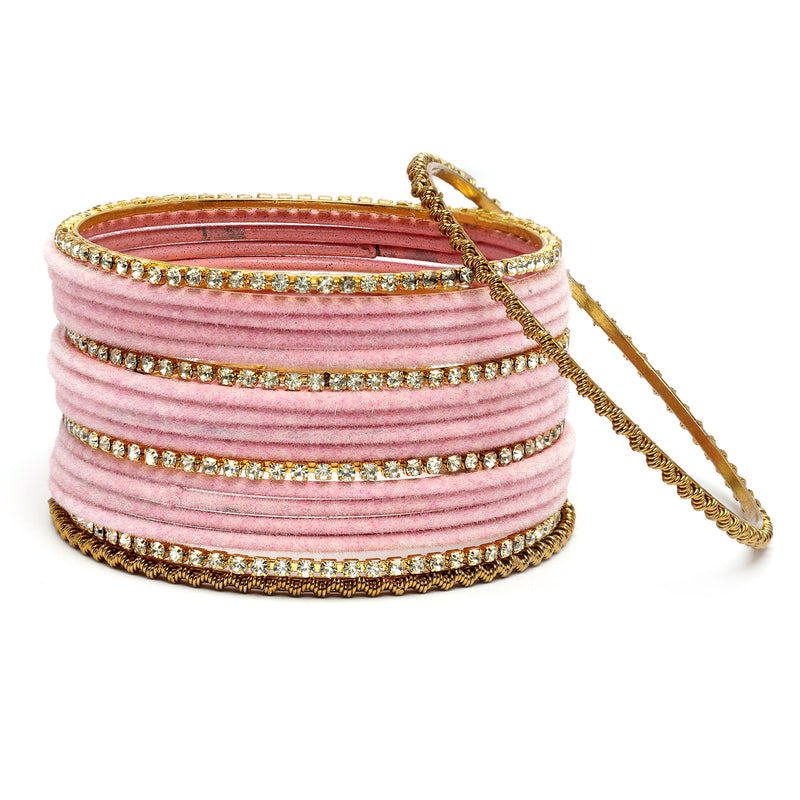 Zeneme Gold-Plated Matte Finish Pink Velvet Cz Studded Bangles Set Of 36